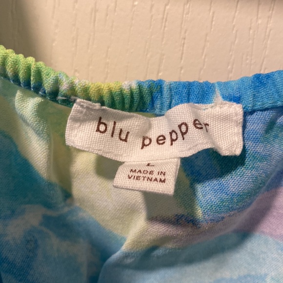 NWOT Blu Pepper L Blue/Green/Purple Palm Pattern Ruffle Dress - Picture 4 of 9